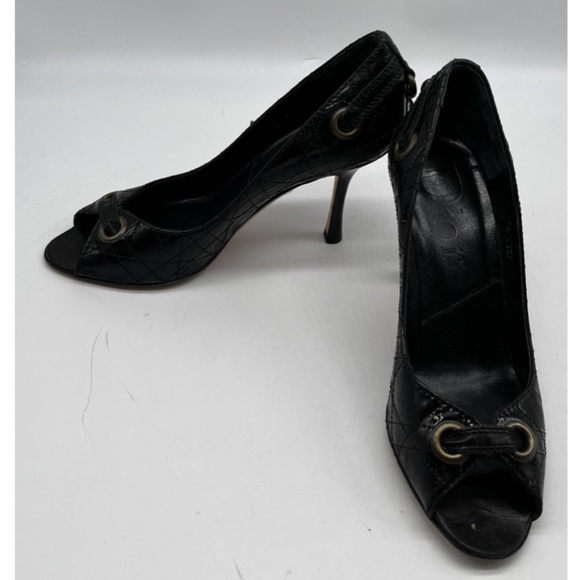 Dior Black Leather Grommet Accent Peep Toe Pumps w/ 'D' Charm on Heel sz 36 - Picture 1 of 7